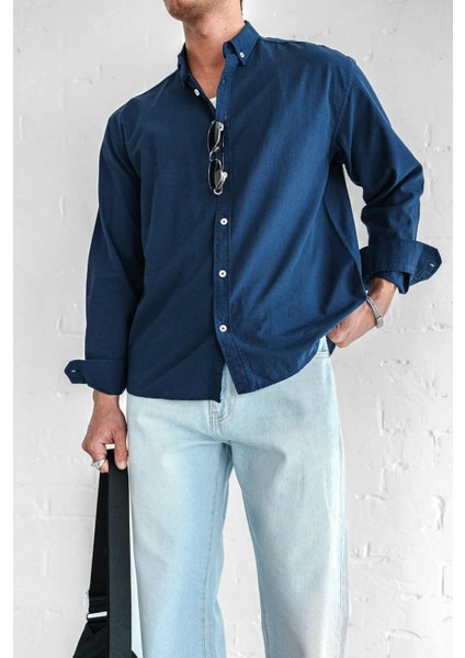 Erkek Relax Fit Rahat Kesim Ince Gömlek Lacivert fiyatları