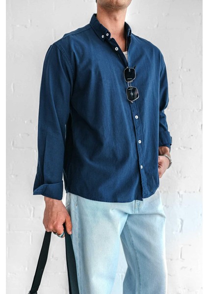Erkek Relax Fit Rahat Kesim Ince Gömlek Lacivert modelleri