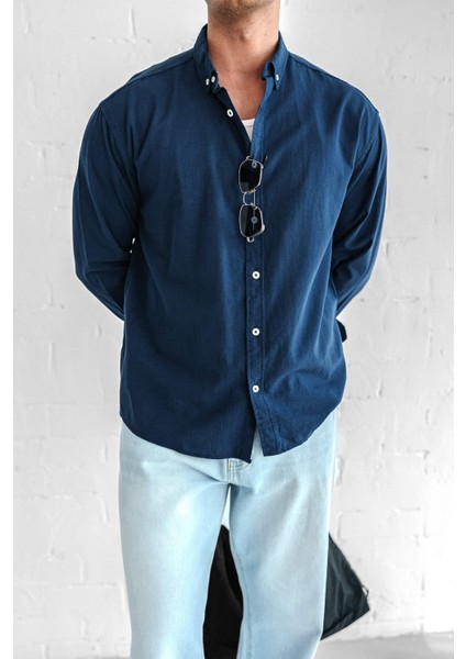 Erkek Relax Fit Rahat Kesim Ince Gömlek Lacivert fırsatları