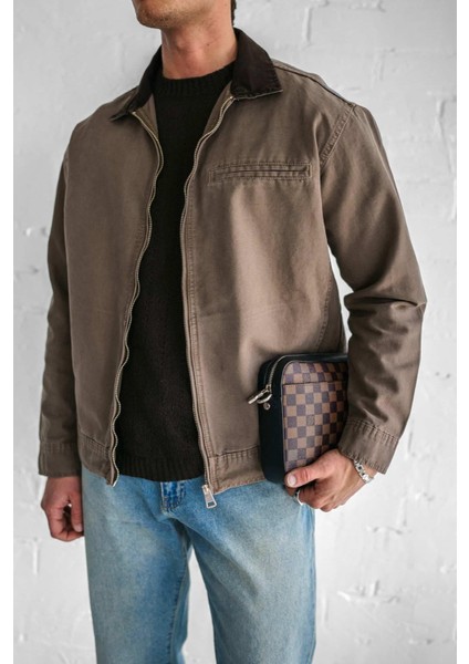 Erkek Kontrast Yakalı Regular Fit Denim Ceket Açık Kahve