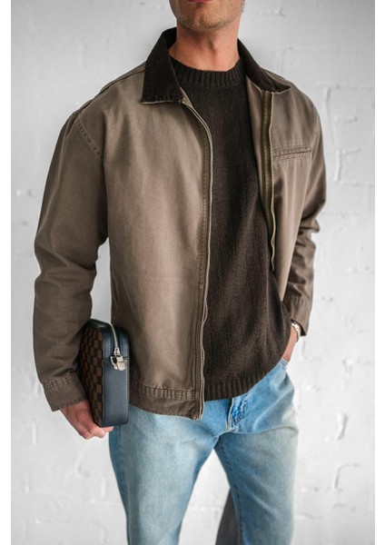 Erkek Kontrast Yakalı Regular Fit Denim Ceket Açık Kahve fiyatları