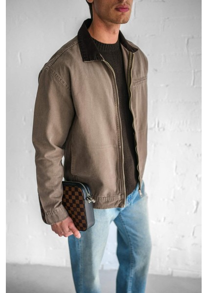 Erkek Kontrast Yakalı Regular Fit Denim Ceket Açık Kahve fırsatları