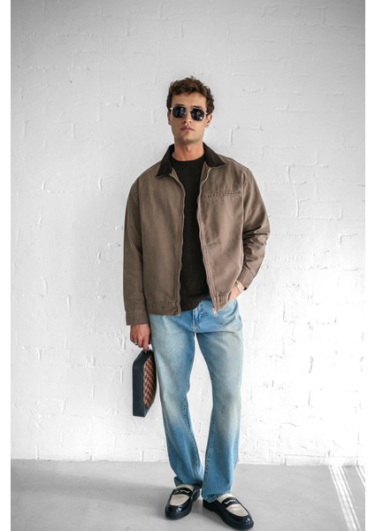 Erkek Kontrast Yakalı Regular Fit Denim Ceket Açık Kahve indirimleri