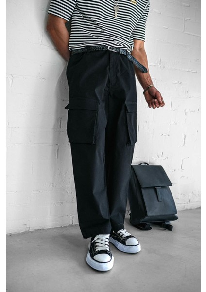 Erkek Kargo Cepli Esnek Baggy Pantolon Siyah