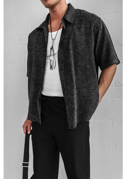 Erkek Oversize Yıkamalı Kısa Kollu Gömlek Siyah