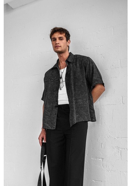 Erkek Oversize Yıkamalı Kısa Kollu Gömlek Siyah fiyatları
