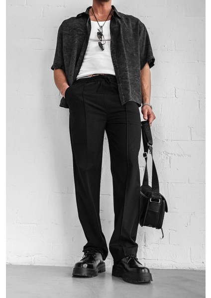 Erkek Oversize Yıkamalı Kısa Kollu Gömlek Siyah modelleri