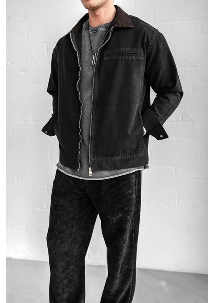 Erkek Kontrast Yakalı Regular Fit Denim Ceket Siyah