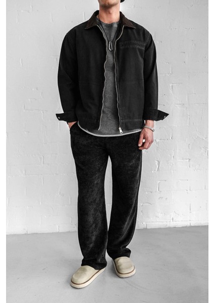 Erkek Kontrast Yakalı Regular Fit Denim Ceket Siyah modelleri