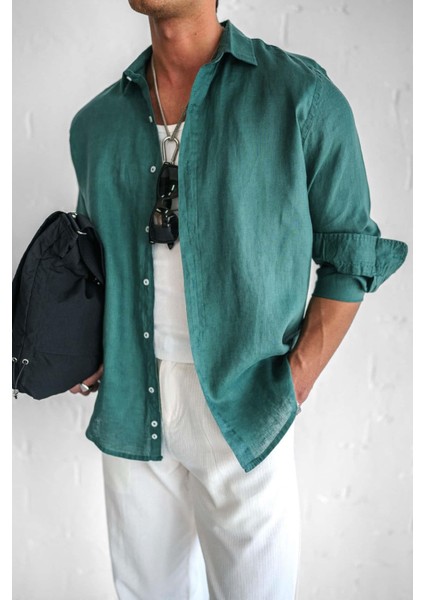 Erkek Uzun Kollu Regular Fit %100 Keten Gömlek Yeşil