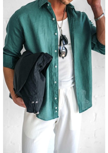 Erkek Uzun Kollu Regular Fit %100 Keten Gömlek Yeşil fiyatları