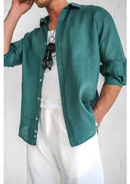 Erkek Uzun Kollu Regular Fit %100 Keten Gömlek Yeşil modelleri