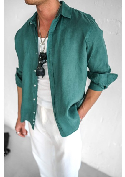 Erkek Uzun Kollu Regular Fit %100 Keten Gömlek Yeşil fırsatları
