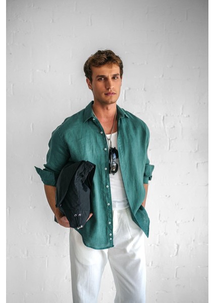 Erkek Uzun Kollu Regular Fit %100 Keten Gömlek Yeşil indirimleri