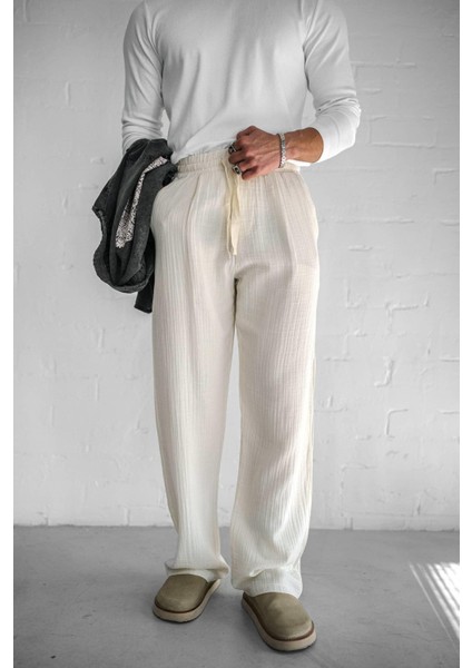 Erkek Rahat Kesim Baggy Fit Müslin Pantolon Ekru