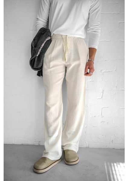 Erkek Rahat Kesim Baggy Fit Müslin Pantolon Ekru fiyatları