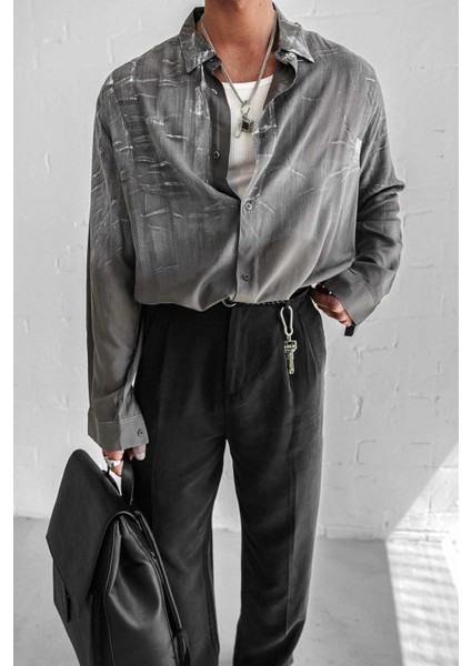 Erkek Uzun Kollu Desenli Oversize Gömlek Antrasit