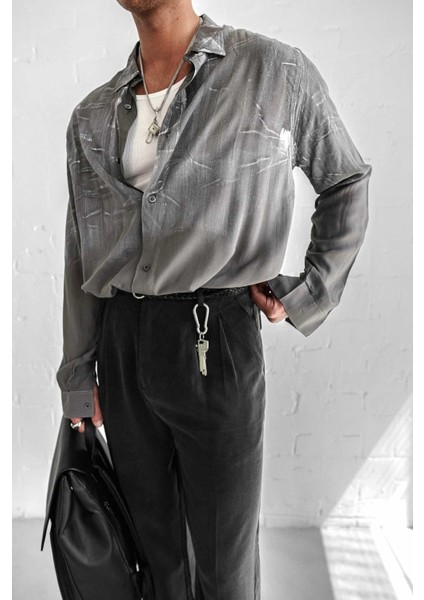 Erkek Uzun Kollu Desenli Oversize Gömlek Antrasit fiyatları