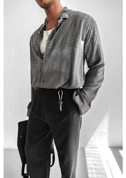 Erkek Uzun Kollu Desenli Oversize Gömlek Antrasit modelleri