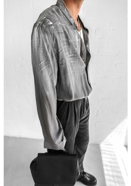 Erkek Uzun Kollu Desenli Oversize Gömlek Antrasit fırsatları