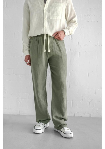 Erkek Rahat Kesim Baggy Fit Müslin Pantolon Açık Yeşil fiyatları