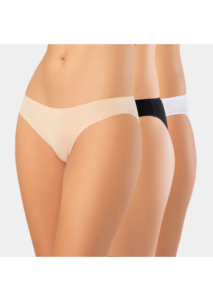 Kadın Likralı Dikişsiz 3'lü Pamuklu Bikini Külot 924/BEYAZ-SIYAH-TEN