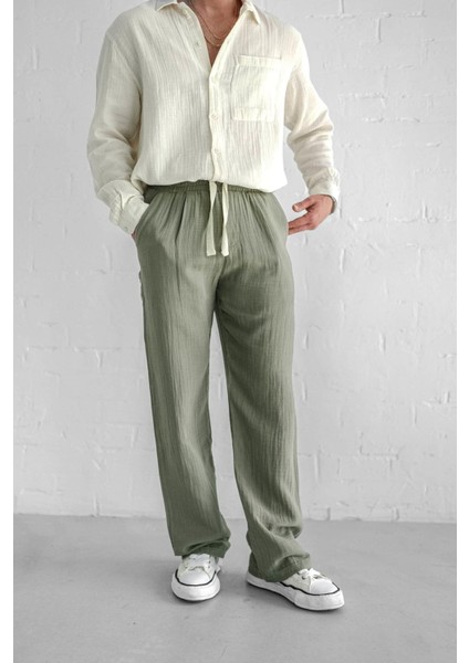 Erkek Rahat Kesim Baggy Fit Müslin Pantolon Açık Yeşil