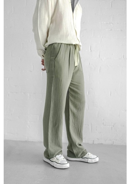 Erkek Rahat Kesim Baggy Fit Müslin Pantolon Açık Yeşil modelleri