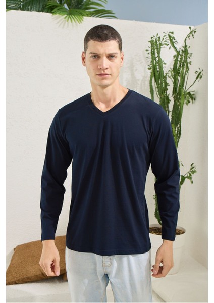 V Yaka Uzun Kollu %100 Pamuk T-Shirt - Erkek Tek Üst fiyatları