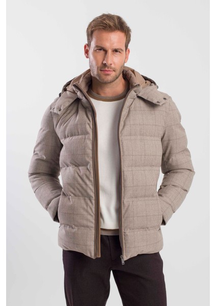 Bej Comfort Fit Ekose Kareli Kapüşonlu Mont indirimleri