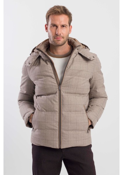 Bej Comfort Fit Ekose Kareli Kapüşonlu Mont