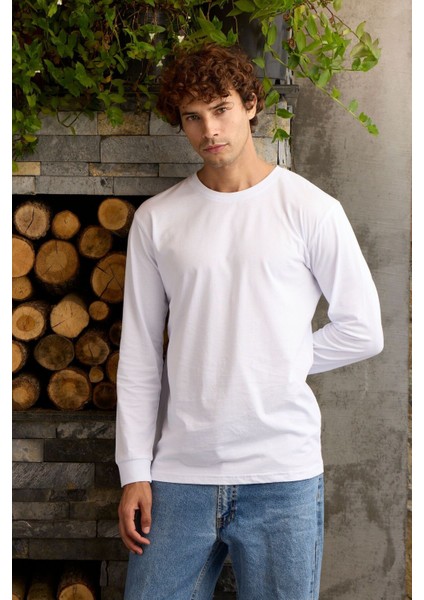 Bisklet O Yaka Erkek Uzun Kollu Tişört Pamuklu Sweatshirt
