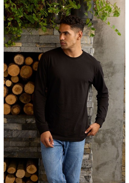Bisklet O Yaka Erkek Uzun Kollu Tişört Pamuklu Sweatshirt
