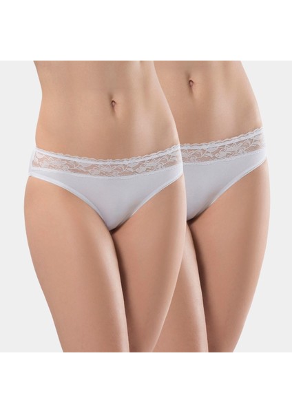 Kadın Beli Dantelli Likralı 2'li Pamuklu Bikini Külot 262/BEYAZ