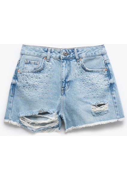 Taşlı Yıpratılmış Düğmeli Cepli Mini Denim Şort fırsatları