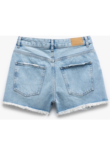 Taşlı Yıpratılmış Düğmeli Cepli Mini Denim Şort indirimleri