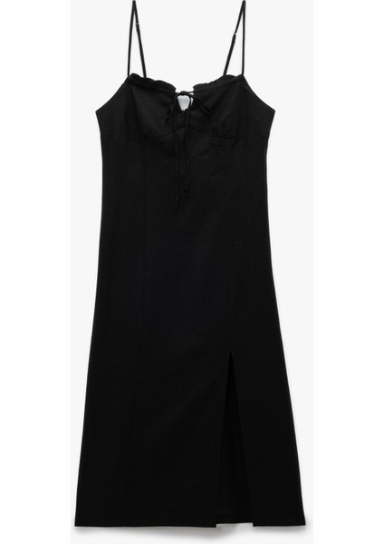 Fırfırlı Yırtmaç Detaylı Volümlü Slim Fit Keten Viskon Karışımlı Askılı Midi Elbise
