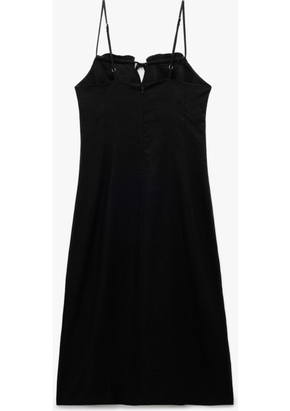 Fırfırlı Yırtmaç Detaylı Volümlü Slim Fit Keten Viskon Karışımlı Askılı Midi Elbise fiyatları