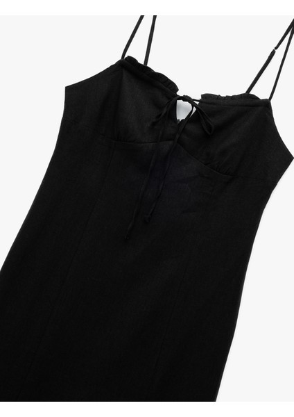 Fırfırlı Yırtmaç Detaylı Volümlü Slim Fit Keten Viskon Karışımlı Askılı Midi Elbise modelleri