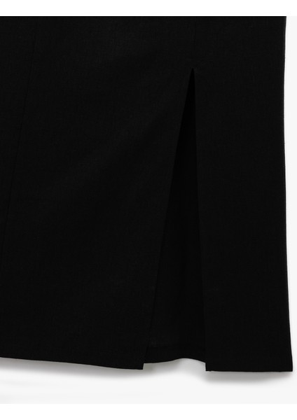 Fırfırlı Yırtmaç Detaylı Volümlü Slim Fit Keten Viskon Karışımlı Askılı Midi Elbise fırsatları