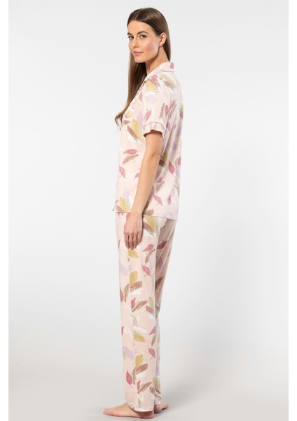 Yaprak Desenli Kısa Kollu Gömlek Yaka Pijama Takımı 3355/PUDRA modelleri