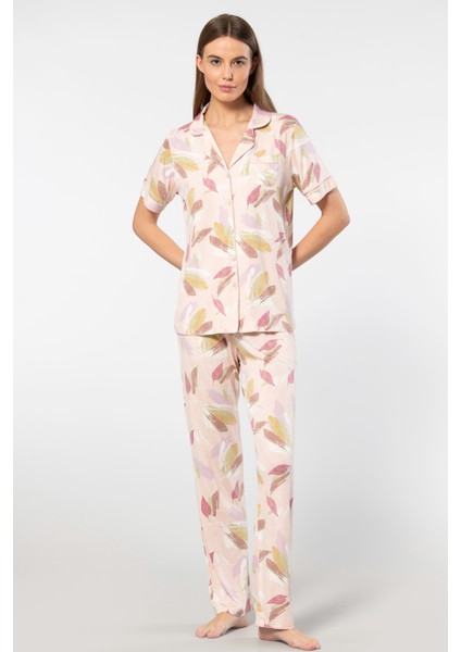 Yaprak Desenli Kısa Kollu Gömlek Yaka Pijama Takımı 3355/PUDRA fırsatları