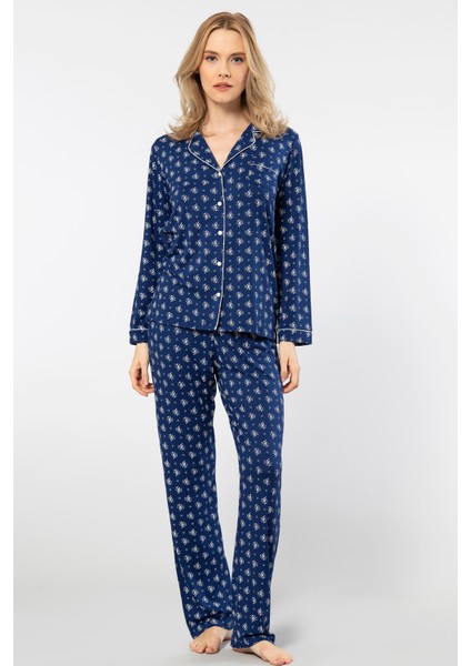 Çiçek Desenli Uzun Kollu Gömlek Yaka Pijama Takımı 3379/LACIVERT