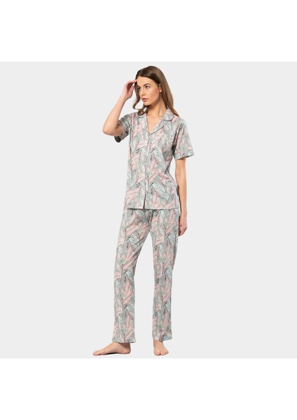 Yaprak Desenli Kısa Kollu Gömlek Yaka Pijama Takımı 3395/GRI modelleri