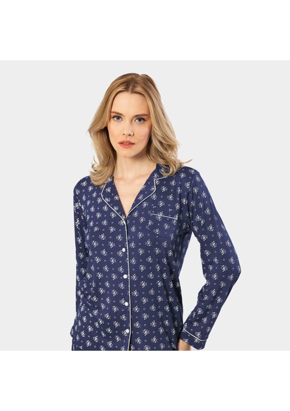 Çiçek Desenli Uzun Kollu Gömlek Yaka Pijama Takımı 3379/LACIVERT