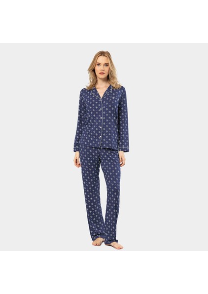 Çiçek Desenli Uzun Kollu Gömlek Yaka Pijama Takımı 3379/LACIVERT