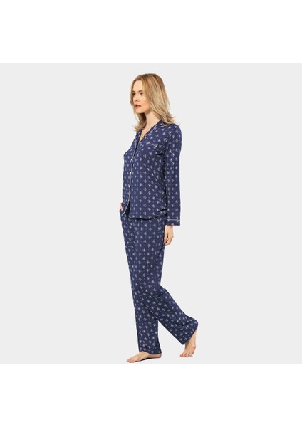 Çiçek Desenli Uzun Kollu Gömlek Yaka Pijama Takımı 3379/LACIVERT