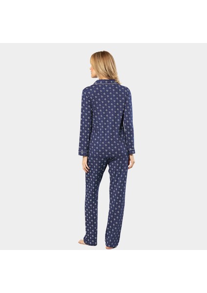 Çiçek Desenli Uzun Kollu Gömlek Yaka Pijama Takımı 3379/LACIVERT