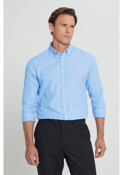 Erkek Mavi Düğmeli Yaka Kolay Ütülenebilir Pamuklu Slim Fit Dar Kesim Oxford Gömlek