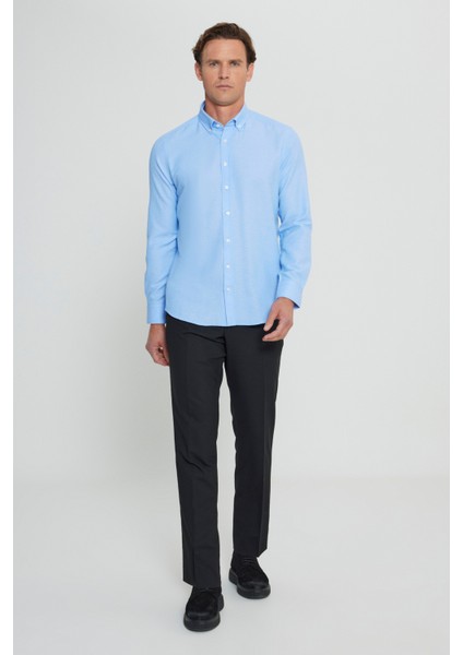 Erkek Mavi Düğmeli Yaka Kolay Ütülenebilir Pamuklu Slim Fit Dar Kesim Oxford Gömlek